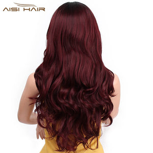 Peruca Front Lace Ombre Vermelho Escuro Longo Ondulado Orgânico
