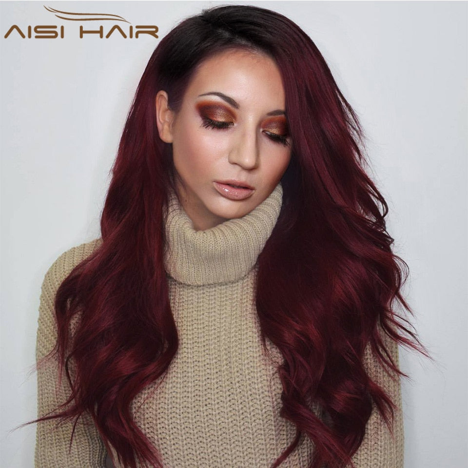 Peruca Front Lace Ombre Vermelho Escuro Longo Ondulado Orgânico